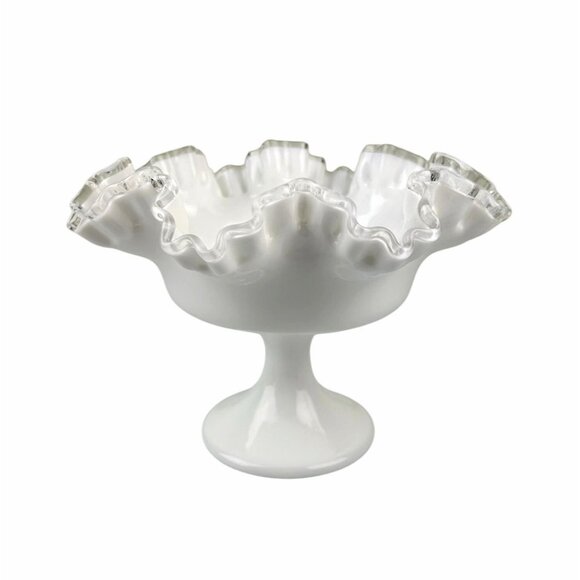 Fenton Silver Crest Pedestal Compote Bowl Clear Ribbon Ruffle White Milk Glass - Picture 1 of 13